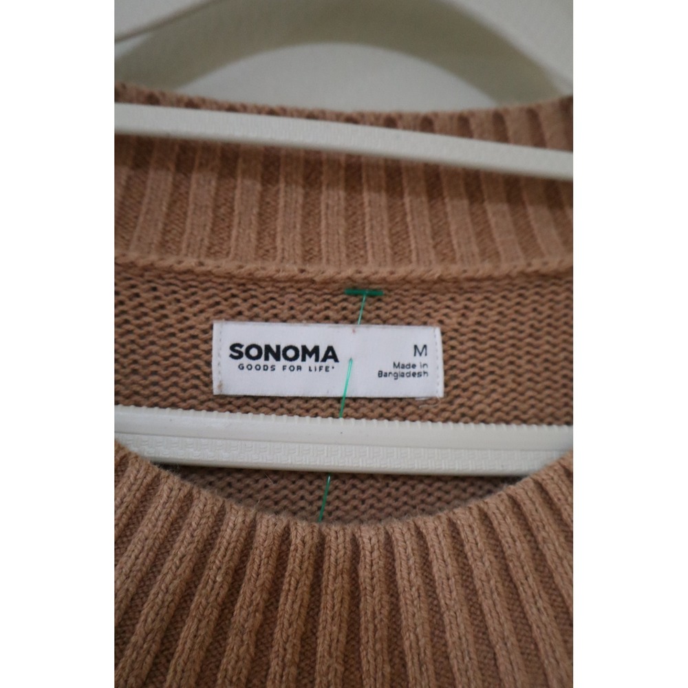 Minimalist Neutral Sonoma Shaker Stitch Sweater M Tan Crewneck Side Slit - Picture 3 of 6
